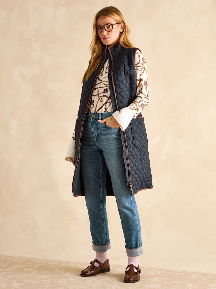 Joules Sutton Navy Blue Showerproof Longline Diamond Quilted Gilet - Image 4 of 9