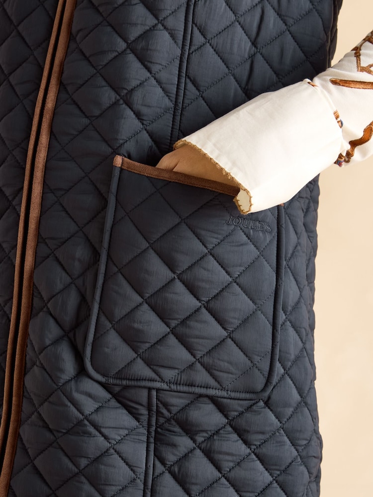 Joules Sutton Navy Blue Showerproof Longline Diamond Quilted Gilet - Image 7 of 9