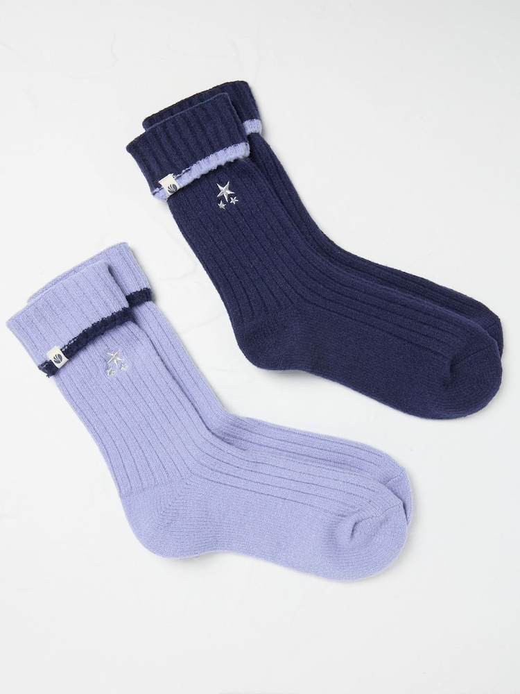 FatFace Blue 2 Pairs of Star Embroidered Cosy Socks - Image 1 of 2 FatFace Blue 2 Pairs of Star Embroidered Cosy Socks - Image 1 of 2