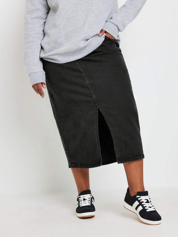 Yours Curve Black Midi Denim Skirt - Image 1 of 5