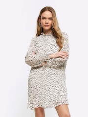 River Island Cream Plisse Leopard Print Shift Dress - Image 1 of 4