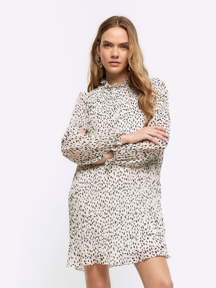 River Island Cream Plisse Leopard Print Shift Dress - Image 1 of 4