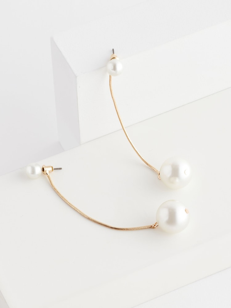 Gold Tone Faux Pearl Front to Back Drop Earrings - Image 3 of 3