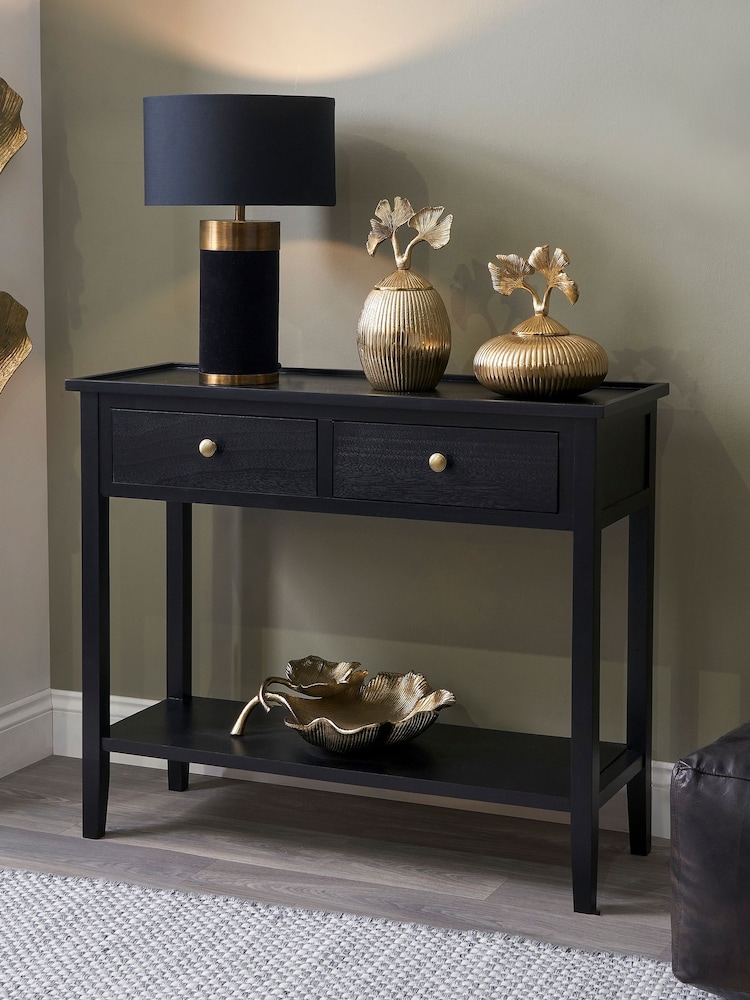 Pacific Satin Black Pine Wood 2 Drawer Console Table - Image 1 of 6