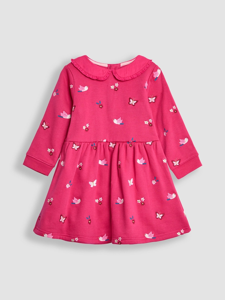 JoJo Maman Bébé Raspberry Pink Bird Embroidered Sweat Dress With Collar - Image 1 of 3