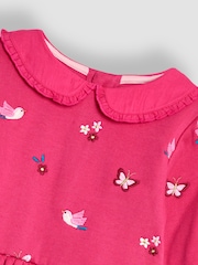 JoJo Maman Bébé Raspberry Pink Bird Embroidered Sweat Dress With Collar - Image 3 of 3
