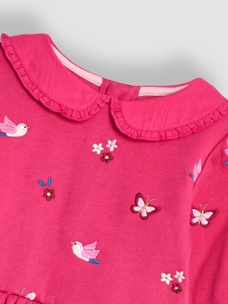 JoJo Maman Bébé Raspberry Pink Bird Embroidered Sweat Dress With Collar - Image 3 of 3