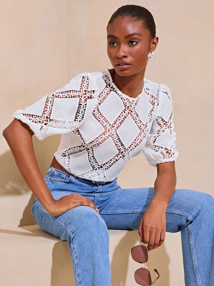 Lipsy White Diamond Lace T-Shirt - Image 1 of 4