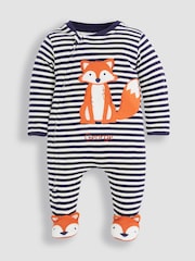 JoJo Maman Bébé Navy Ecru Stripe Fox Baby Personalised Appliqué Zip Cotton Sleepsuit - Image 2 of 4
