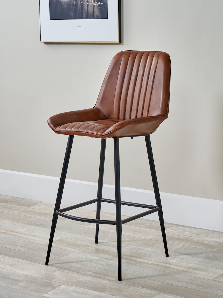 Pacific Vintage Brown Leather and Iron Retro Bar Stool - Image 1 of 6