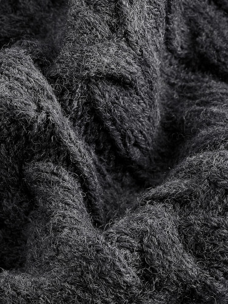 Grey Charcoal Collar V-Neck Long Sleeve Cable Knitted Short Mini Jumper Dress - Image 6 of 6