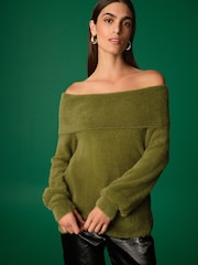 Olive Green Fluffy Off Shoulder Bardot Jumper - Image 2 of 5