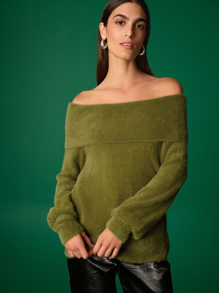 Olive Green Fluffy Off Shoulder Bardot Jumper - Image 2 of 5 Olive Green Fluffy Off Shoulder Bardot Jumper - Image 2 of 5
