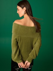 Olive Green Fluffy Off Shoulder Bardot Jumper - Image 3 of 5