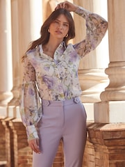 Sosandar Purple Floral Print Sheer Sleeve Shirt - Image 1 of 5