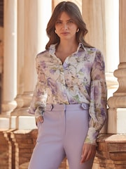 Sosandar Purple Floral Print Sheer Sleeve Shirt - Image 5 of 5
