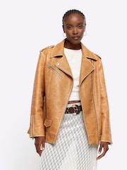River Island Brown Oversized Distressed Biker Jacket - Image 1 of 4