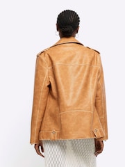 River Island Brown Oversized Distressed Biker Jacket - Image 2 of 4