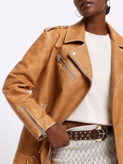 River Island Brown Oversized Distressed Biker Jacket - Image 3 of 4