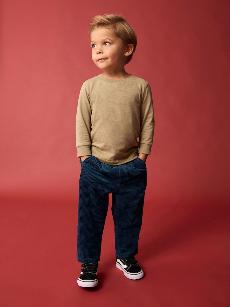 Navy Textured Corduroy 100% Cotton Pull On Trousers (3mths-7yrs) - Image 2 of 7