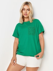 Yours Curve Green 100% Cotton Crochet Pocket T-Shirt - Image 2 of 5
