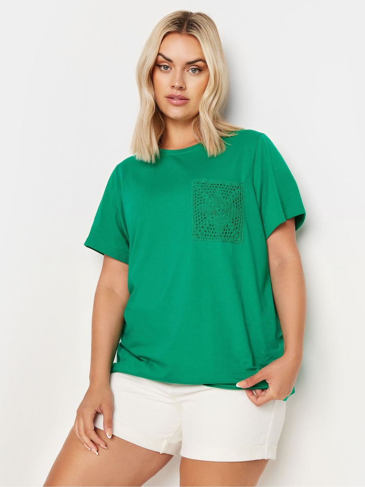 Yours Curve Green 100% Cotton Crochet Pocket T-Shirt - Image 2 of 5