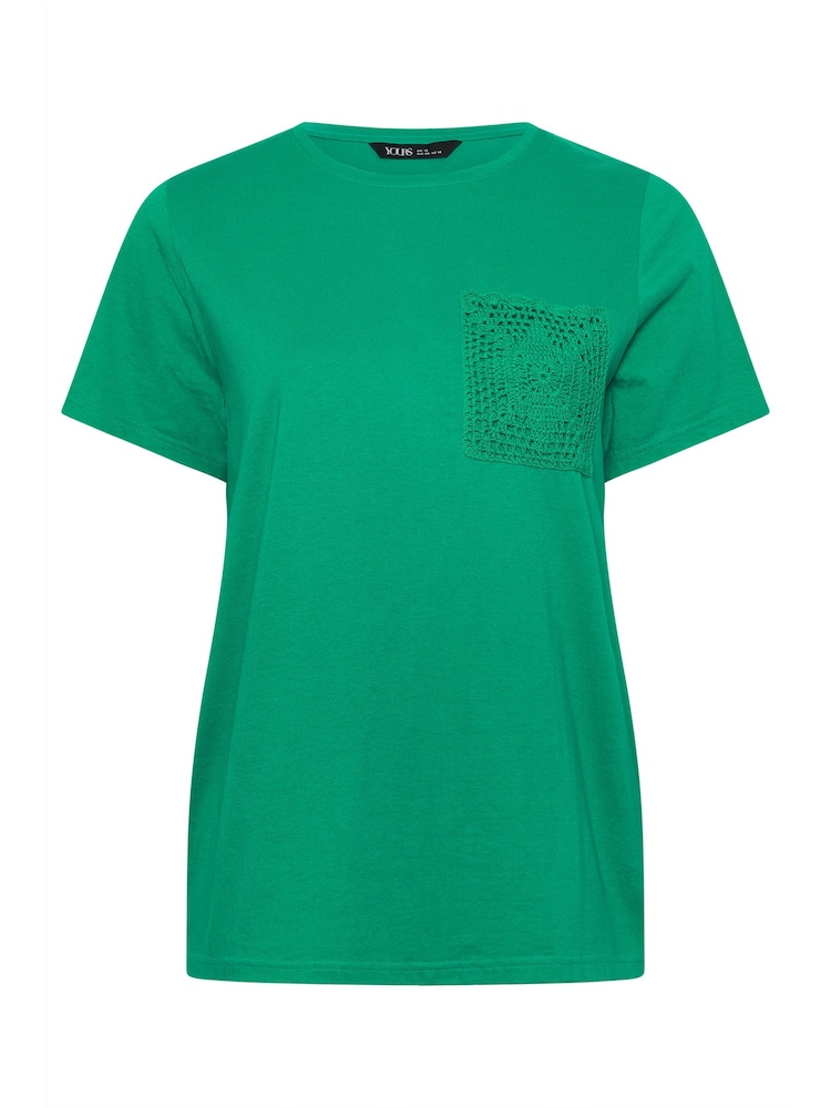 Yours Curve Green 100% Cotton Crochet Pocket T-Shirt - Image 5 of 5