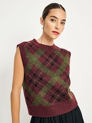 Burgundy Olive Tartan Sleeveless Crew Neck Knitted Jumper Tank Vest Top with Wool - Image 1 of 9