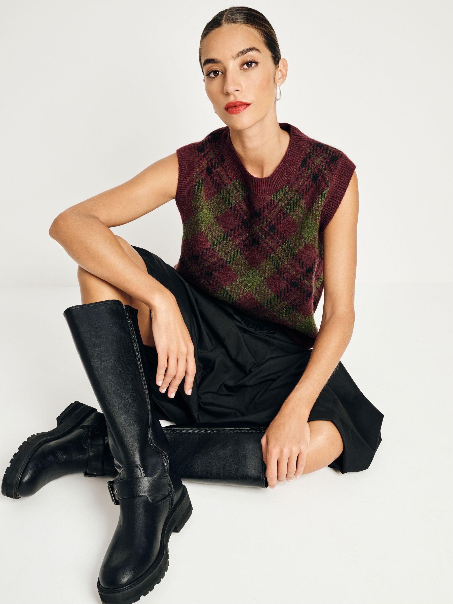 Buy Burgundy Olive Tartan Sleeveless Crew Neck Knitted Jumper Tank Vest Top with Wool from Next Luxembourg