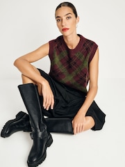Burgundy Olive Tartan Sleeveless Crew Neck Knitted Jumper Tank Vest Top with Wool - Image 3 of 9