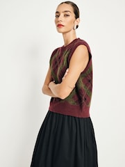 Burgundy Olive Tartan Sleeveless Crew Neck Knitted Jumper Tank Vest Top with Wool - Image 4 of 9