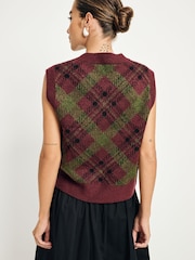 Burgundy Olive Tartan Sleeveless Crew Neck Knitted Jumper Tank Vest Top with Wool - Image 5 of 9