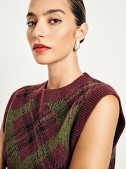 Burgundy Olive Tartan Sleeveless Crew Neck Knitted Jumper Tank Vest Top with Wool - Image 6 of 9