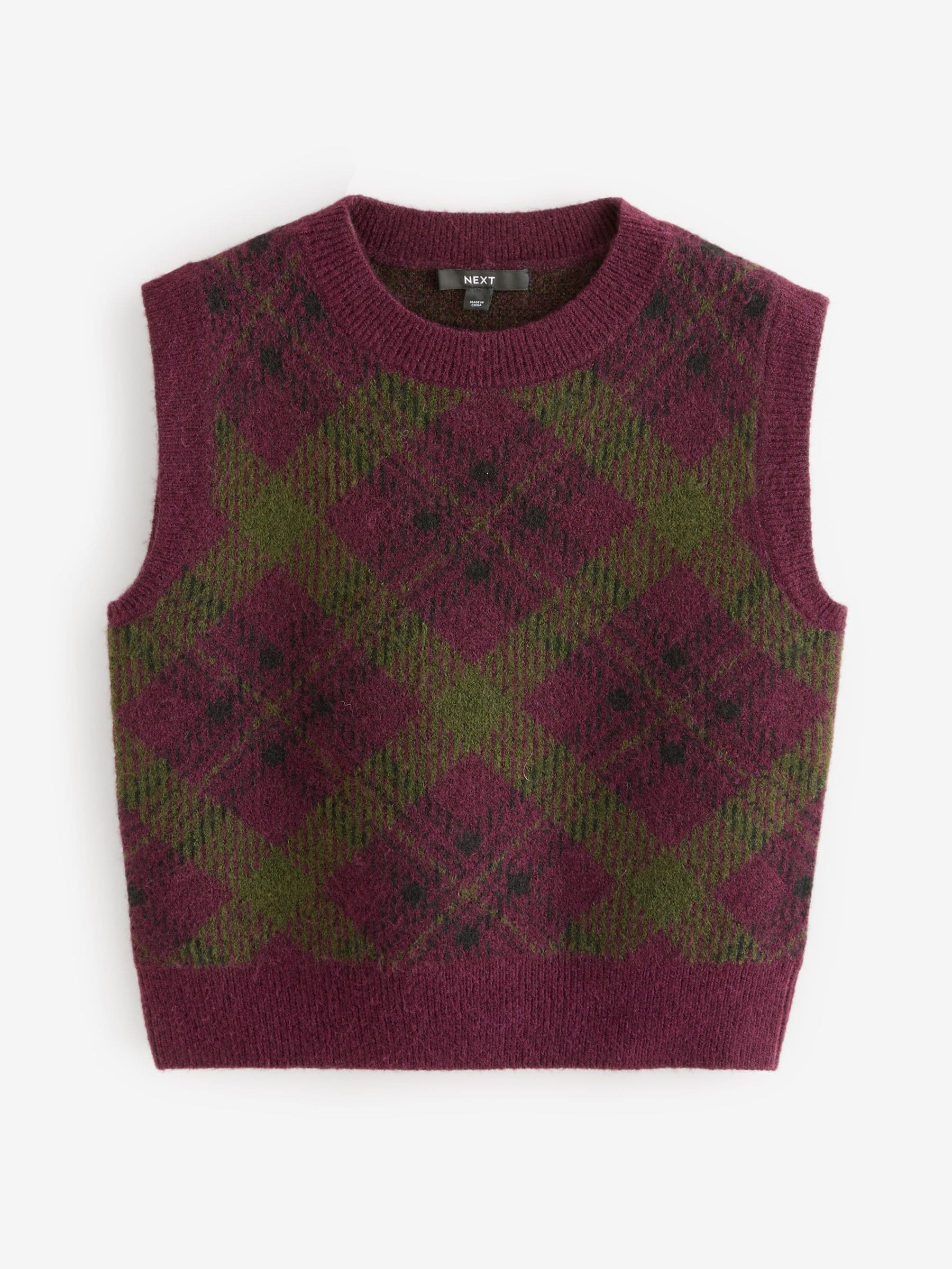 Next Burgundy Olive Tartan Sleeveless Crew Neck Knitted Jumper Tank Vest Top with Wool