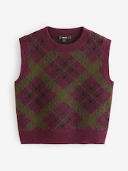 Burgundy Olive Tartan Sleeveless Crew Neck Knitted Jumper Tank Vest Top with Wool - Image 7 of 9
