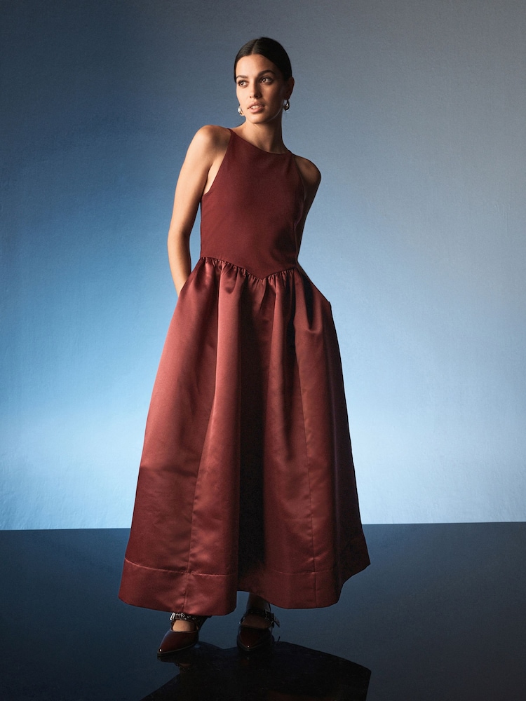 Berry Red Satin And Jersey Racer Occasion Midi Dress - Image 2 of 7