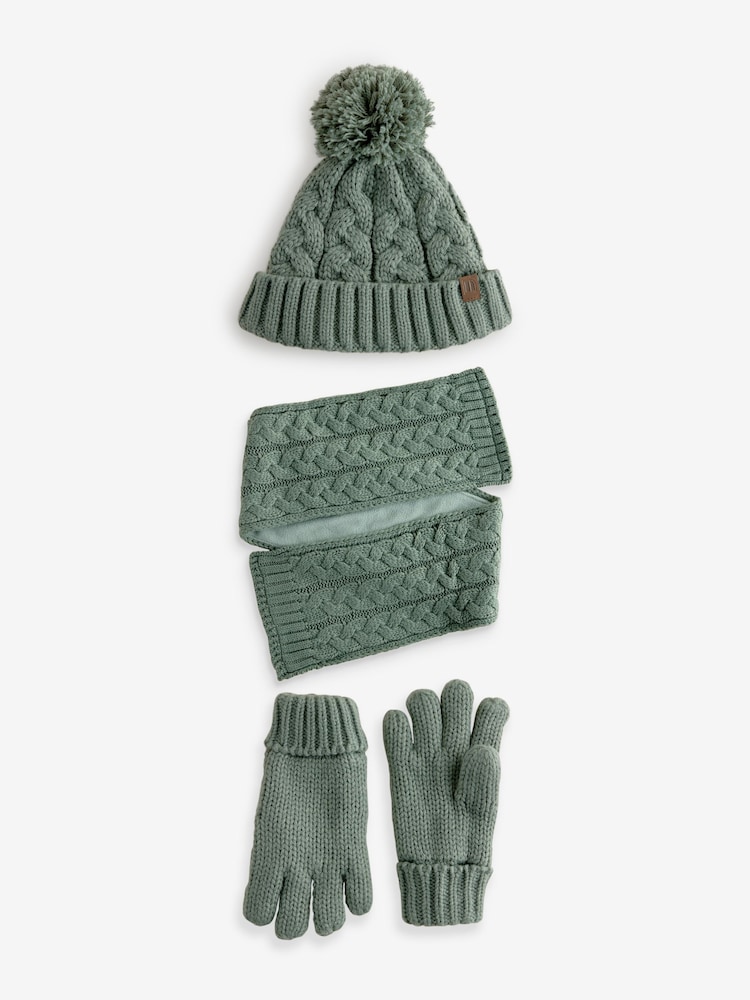 Sage Green Cable Knit Hat, Glove & Scarf Set (3-16yrs) - Image 1 of 5