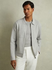 Reiss Soft Grey Melange Rivers Knitted Zip-Through Jacket - Image 1 of 5
