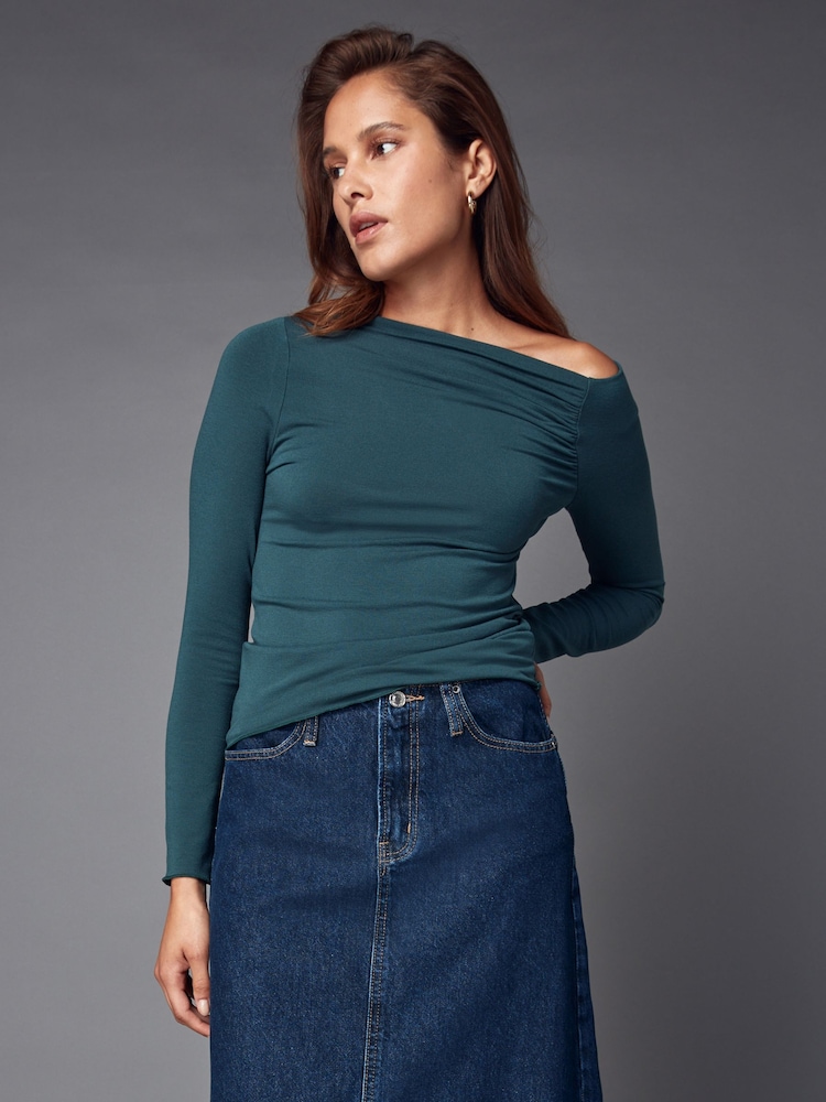 Blue Long Sleeve Asymmetric Gathered Top - Image 1 of 8