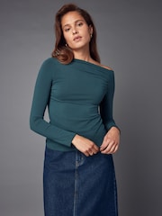 Blue Long Sleeve Asymmetric Gathered Top - Image 3 of 8
