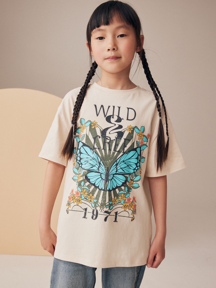 Neutral Oversized Butterfly Graphic 100% Cotton T-Shirt (3-16yrs) - Image 1 of 6 Neutral Oversized Butterfly Graphic 100% Cotton T-Shirt (3-16yrs) - Image 1 of 6