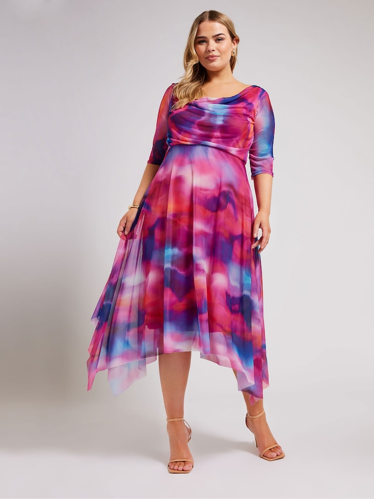 Yours Curve Pink Cowl Neck Mesh Midi Dress - Image 1 of 5