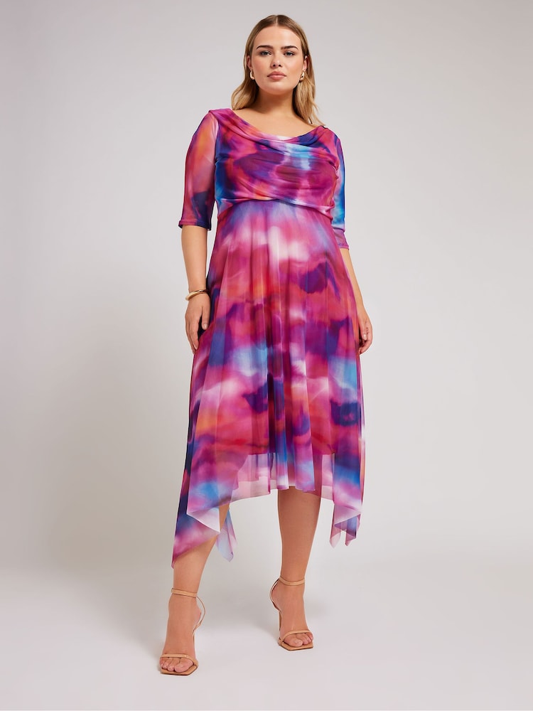 Yours Curve Pink Cowl Neck Mesh Midi Dress - Image 2 of 5