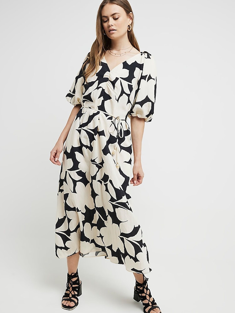 River Island Black Puff Sleeve Belted Dress - Image 1 of 7