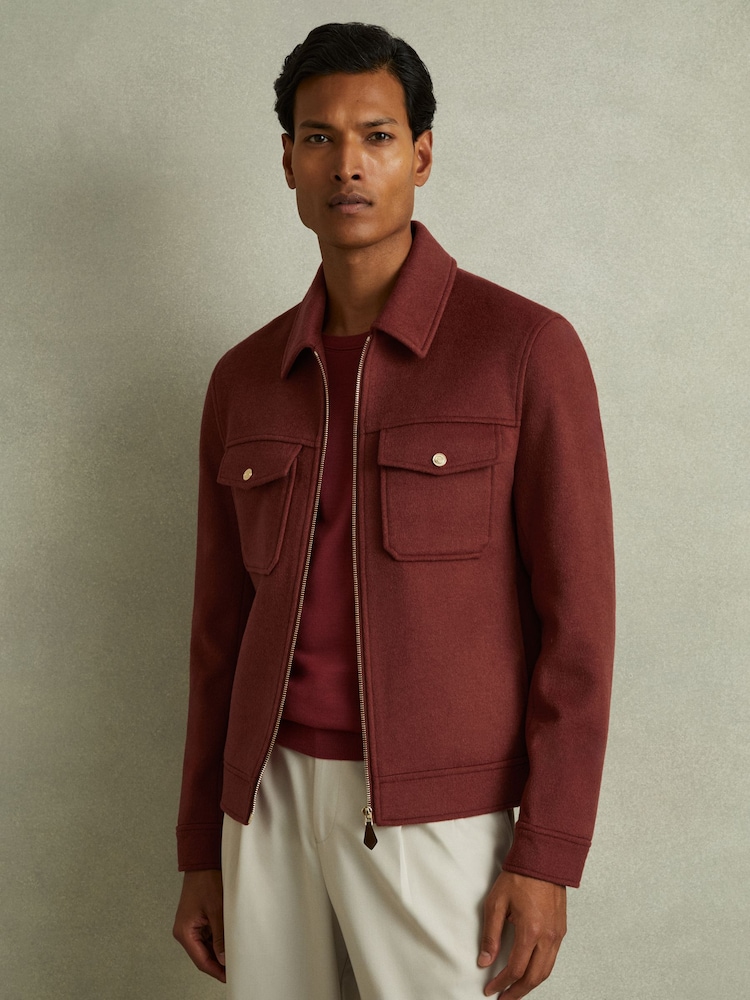 Reiss Rust Red Peridoe Zip-Through Trucker Jacket with Wool - Image 1 of 5