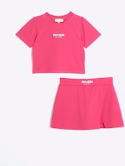 River Island Pink Girls Active 100% Cotton T-Shirt And Skort Set - Image 1 of 4