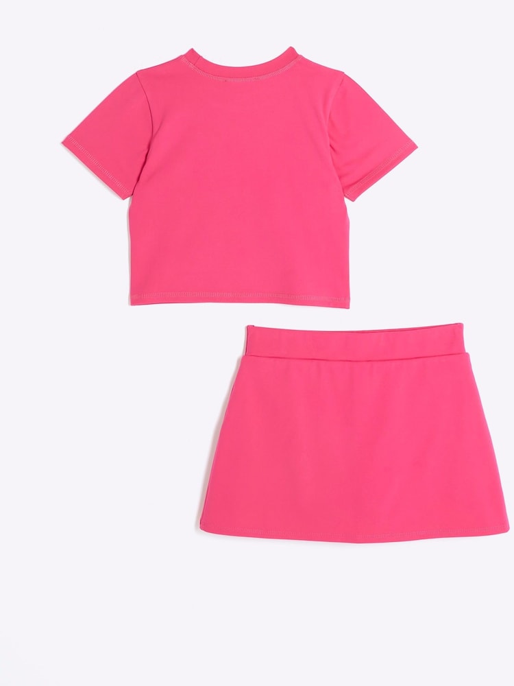 River Island Pink Girls Active 100% Cotton T-Shirt And Skort Set - Image 2 of 4
