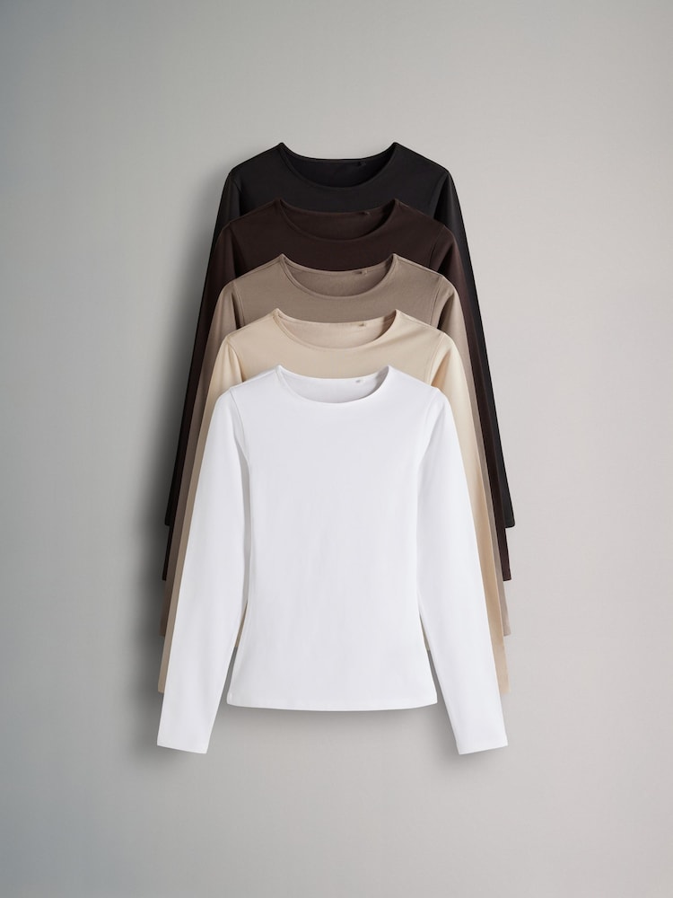 The Set Black/Brown/Nude/White 5 Pack Long Sleeve Crew Neck T-Shirts - Image 2 of 18