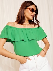Friends Like These Green Airflow Ruffle Linen Look Bardot Blouse - Image 1 of 4