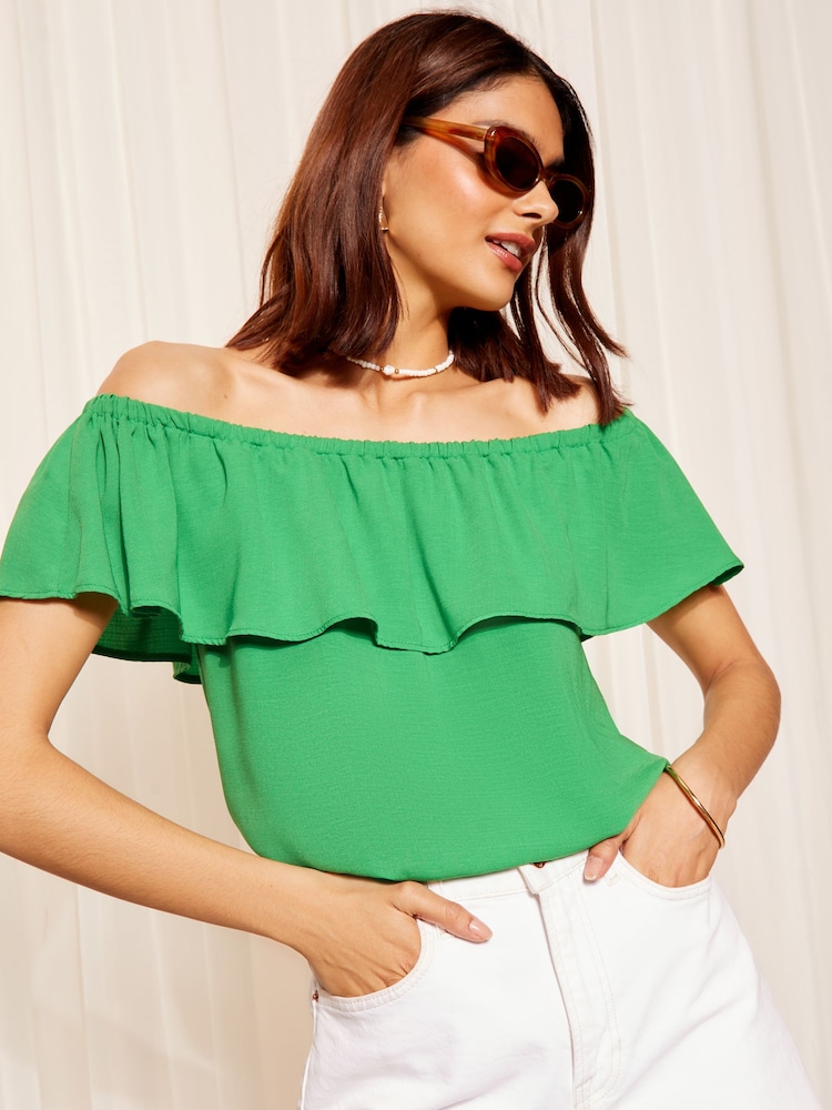 Friends Like These Green Airflow Ruffle Linen Look Bardot Blouse - Image 1 of 4
